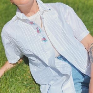 Gina Peters Pleated Rose Embroidered Button Down